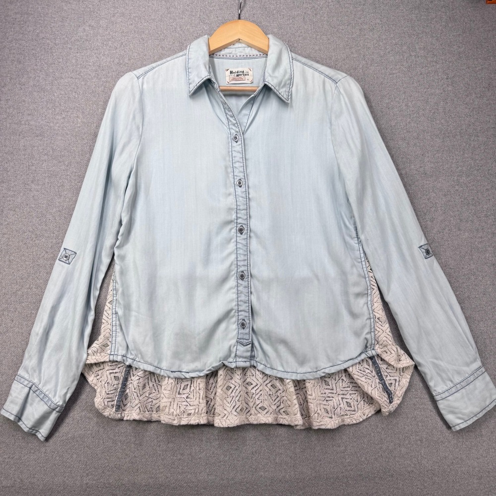 Anthropologie Holding Horses Light Blue Denim Lace Ruffle Button‎ Down Shirt XS